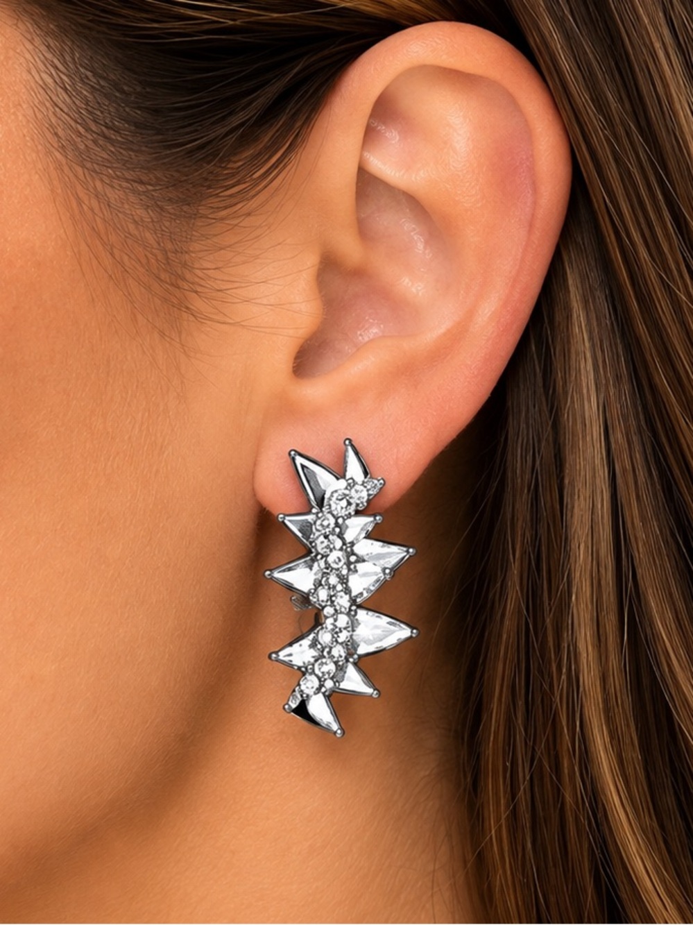NEW - Modern Zig-Zag Silver & Rhinestone Edgy Spike Statement Earrings